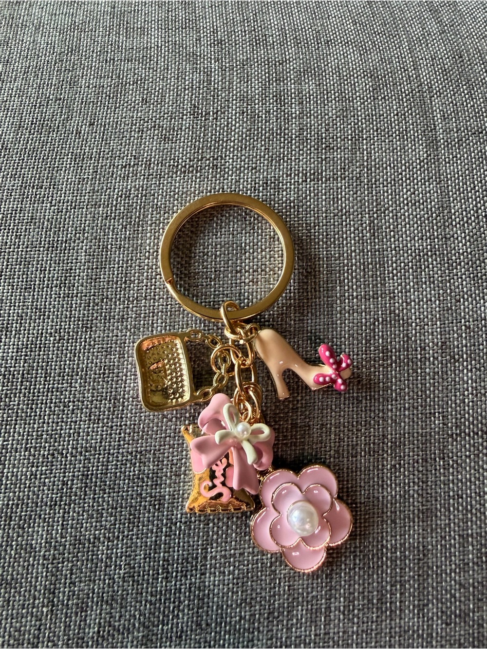 Gold-Tone Pink Floral & Heel Charm Keyring